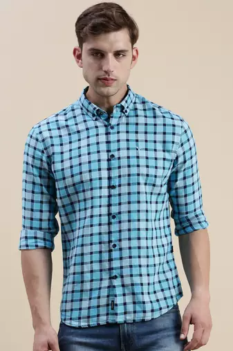 men's long sleeves gingham checks  blue shirt