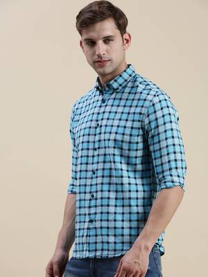 men's long sleeves gingham checks  blue shirt 3