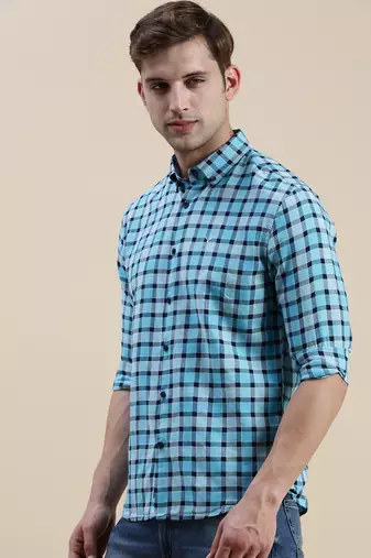 men's long sleeves gingham checks  blue shirt