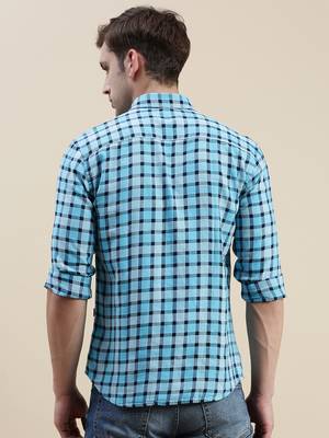 men's long sleeves gingham checks  blue shirt 4