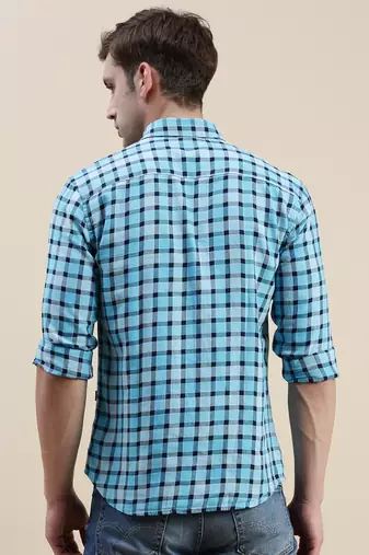 men's long sleeves gingham checks  blue shirt