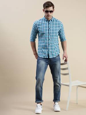 men's long sleeves gingham checks  blue shirt 5