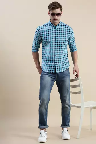 men's long sleeves gingham checks  blue shirt