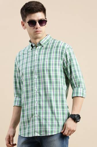 men's long sleeves micro checks green shirt