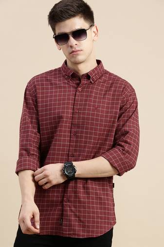 men's long sleeves micro checks maroon shirt