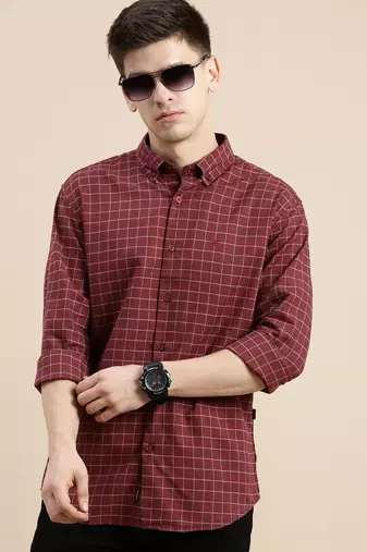men's long sleeves micro checks maroon shirt
