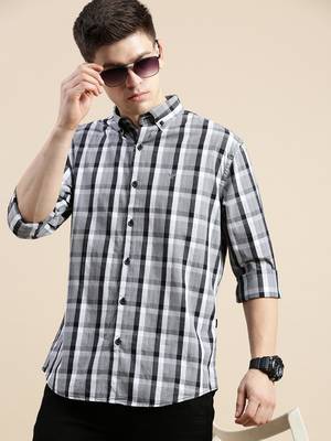 men's long sleeves gingham checks grey shirt 1