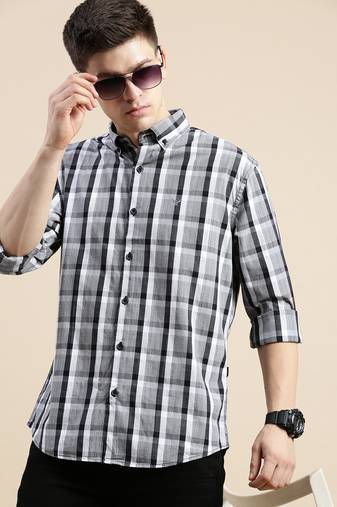 men's long sleeves gingham checks grey shirt