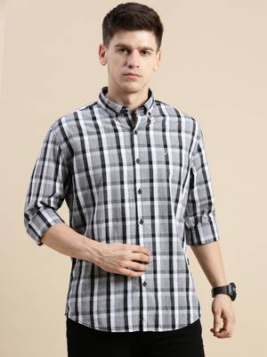 men's long sleeves gingham checks grey shirt 2