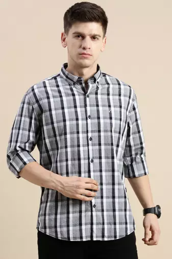 men's long sleeves gingham checks grey shirt