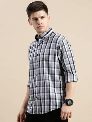 men's long sleeves gingham checks grey shirt 3
