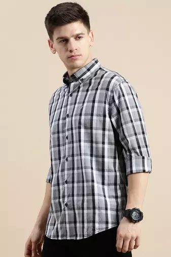 men's long sleeves gingham checks grey shirt
