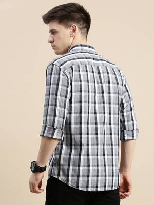 men's long sleeves gingham checks grey shirt 4