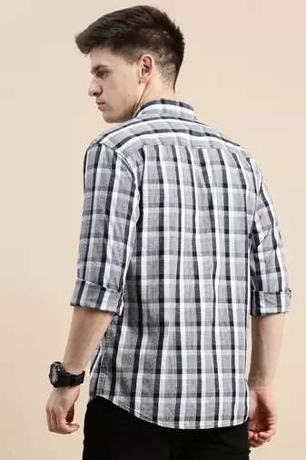 men's long sleeves gingham checks grey shirt