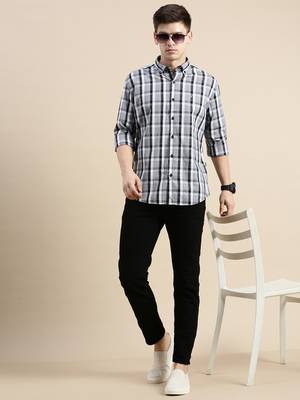men's long sleeves gingham checks grey shirt 5