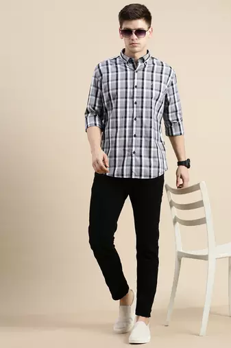 men's long sleeves gingham checks grey shirt