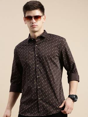 men's long sleeves floral coffee brown shirt 1