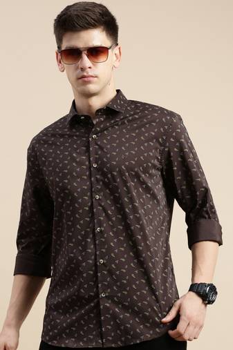 men's long sleeves floral coffee brown shirt