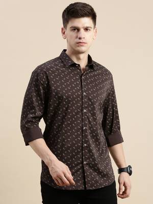 men's long sleeves floral coffee brown shirt 2