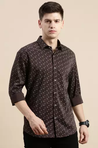 men's long sleeves floral coffee brown shirt