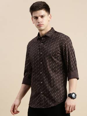 men's long sleeves floral coffee brown shirt 3