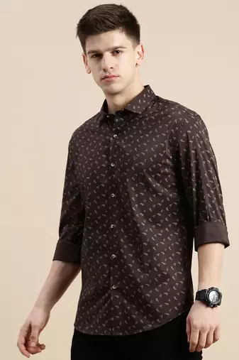 men's long sleeves floral coffee brown shirt