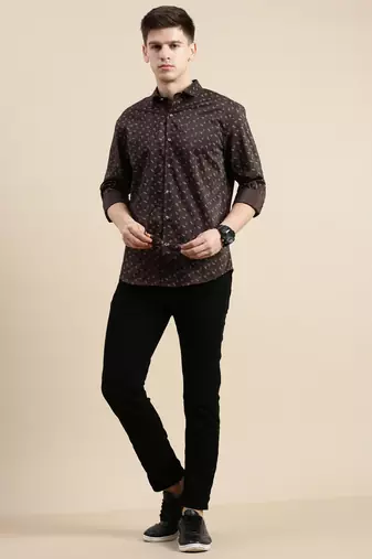 men's long sleeves floral coffee brown shirt
