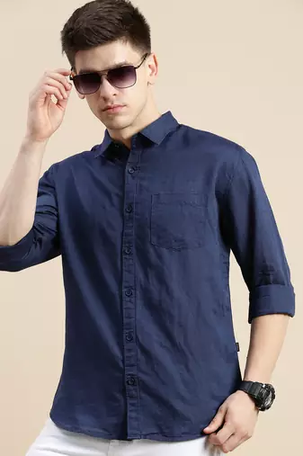 men's long sleeves solid navy blue shirt