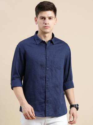 men's long sleeves solid navy blue shirt 2