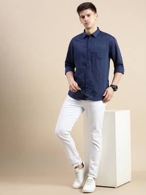 men's long sleeves solid navy blue shirt 5