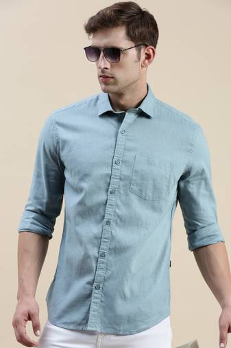 men's long sleeves solid teal shirt