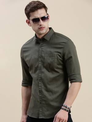 Showoff men's long sleeves solid olive shirt 1