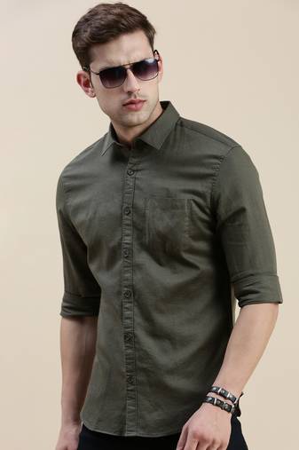 Showoff men's long sleeves solid olive shirt