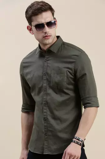 Showoff men's long sleeves solid olive shirt