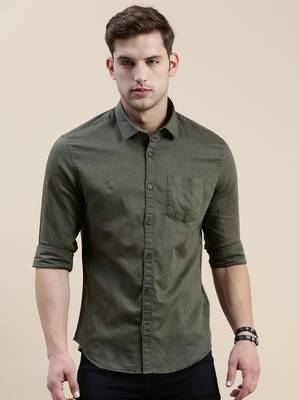 Showoff men's long sleeves solid olive shirt 2