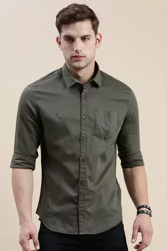 Showoff men's long sleeves solid olive shirt