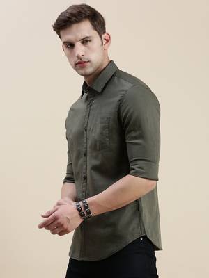 Showoff men's long sleeves solid olive shirt 3
