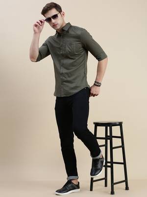 Showoff men's long sleeves solid olive shirt 5