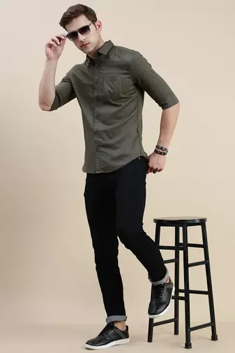 Showoff men's long sleeves solid olive shirt