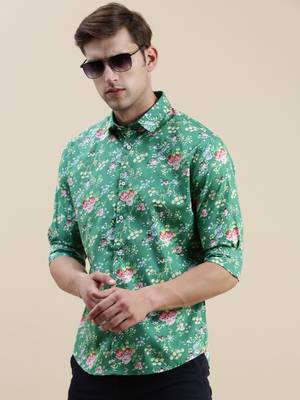 men's long sleeves floral green shirt 1