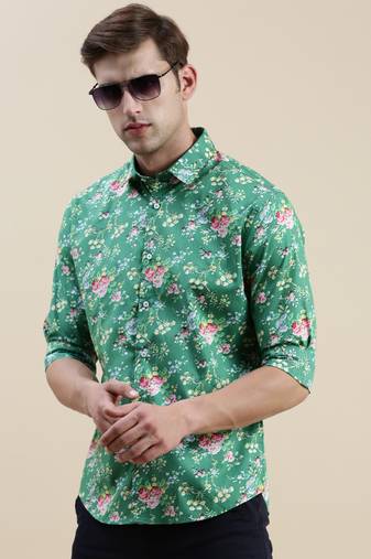men's long sleeves floral green shirt