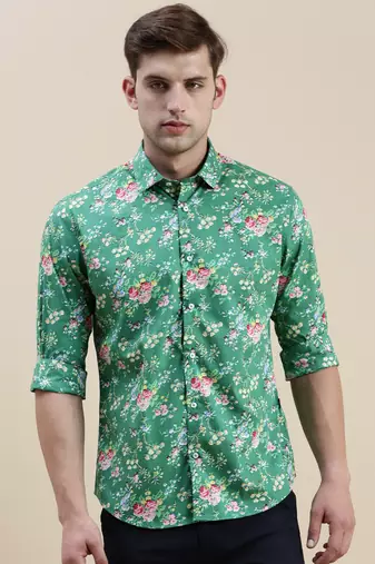 men's long sleeves floral green shirt