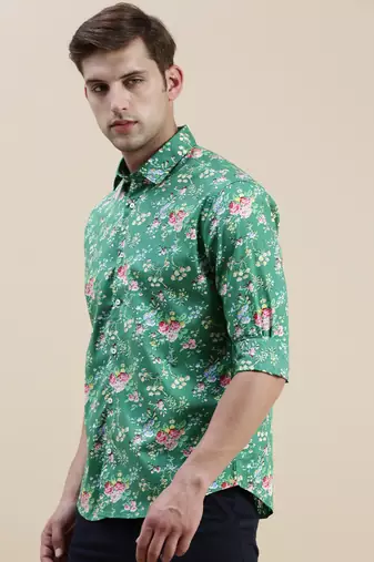 men's long sleeves floral green shirt