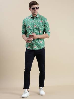 men's long sleeves floral green shirt 5