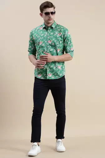 men's long sleeves floral green shirt