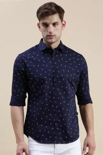 men's long sleeves abstract navy blue shirt