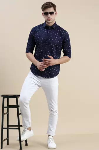 men's long sleeves abstract navy blue shirt
