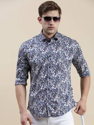 men's long sleeves floral navy blue shirt 1