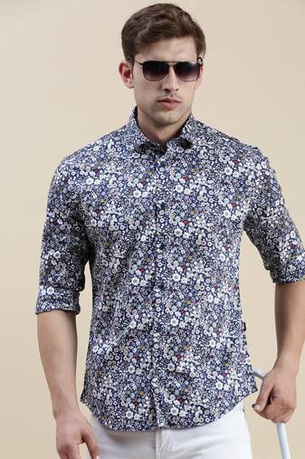 men's long sleeves floral navy blue shirt