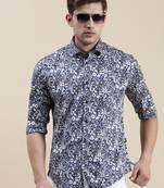 men's long sleeves floral navy blue shirt